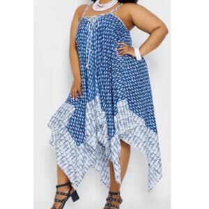 Ashley Stewart Asymmetrical Hem Drapey Boho Midi Dress Blue & White 10